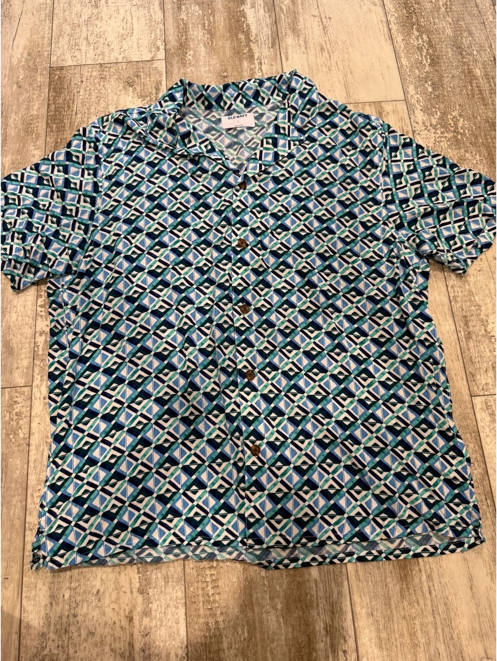 Old Navy L Geometric Print Button Up Blouse Blue Teal